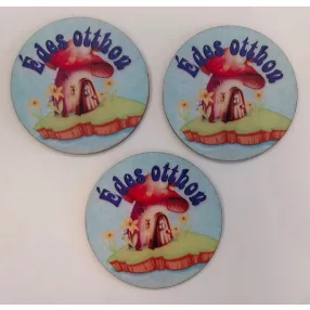   8cm Kerek Nyomtatott fa   Édes otthon  tábla  Gomba ház ,Kék háttér kék felirattal	3db/csomag	