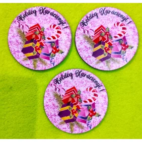   8cm Kerek Nyomtatott fa   Boldog karácsonyt  tábla Lila háttér ,Ajándék csomagokkal	3db/csomag	8x8cm 