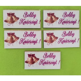   8x4cm Téglalap Nyomtatott fa tábla Dupla haranggal   Lila Boldog Karácsony felirattal 	 5db/csomag	