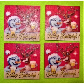   7x7cm Négyzet  Nyomtatott fa   tábla  sörözős rénszarvas és hóember Boldog karácsonyt felirattal	4db/csomag