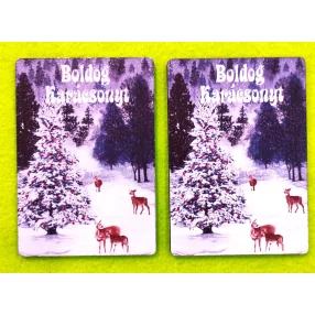   7x10 cm téglalap    Nyomtatott Karácsonyfa őzikekel   Boldog karácsonyt fehér felirattal 	2db/ csomag 	7x10cm 