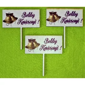   Beszúrós  Téglalap Nyomtatott fa tábla Dupla haranggal   Lila Boldog Karácsony felirattal 	 3db/csomag	8x8,5cm vastagság 3mm	