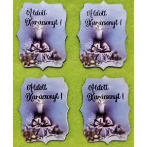  8x 6cm Nyomtatott fa Áldott  karácsonyt !  felirattal arany  masnival egy  gyertyával 	4db/csomag	