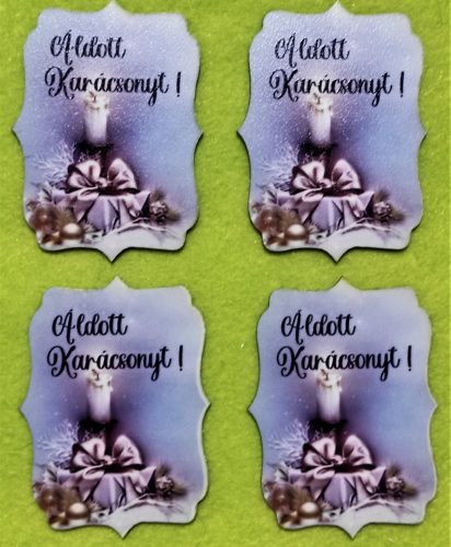 8x 6cm Nyomtatott fa Áldott  karácsonyt !  felirattal arany  masnival egy  gyertyával 	4db/csomag	