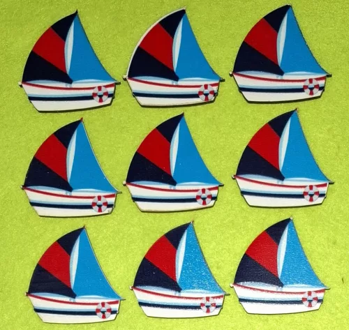  Nyomtatott fa   kék piros vitorlás hajó	9db/csomag	5x5cm 