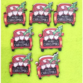   Nyomtatott fa Piros autó három manóval Merry Christmas felirattal	7db/csomag	5x5cm 