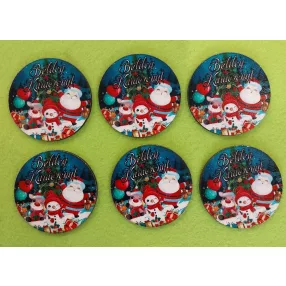   Nyomtatott Fa  Rénszarvas, télapó ,hóember fenyőfával   Boldog karácsonyt felirattal 	6db/csomag	5cm 