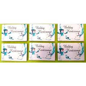   Nyomtatott  fa Hóember cinegével   Boldog Karácsonyt felirattal 	6db/csomag	6x4cm 