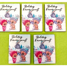   Nyomtatott  fa Hóember macikkal   Boldog Karácsonyt felirattal 	5db/csomag	6x4,5cm 