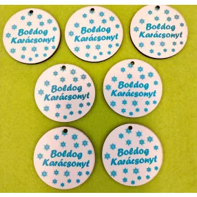   Nyomtatott  fa Körlap Kék    Boldog Karácsonyt felirattal 	7db/csomag	5cm 