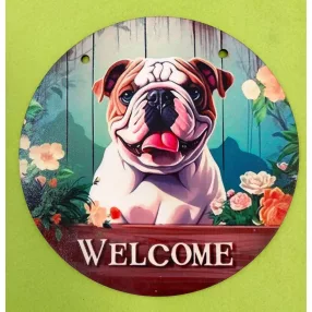  Nyomtatott Fa  Kopogtató Angol buldog Welcome felirattal	1db/csomag	20cm 