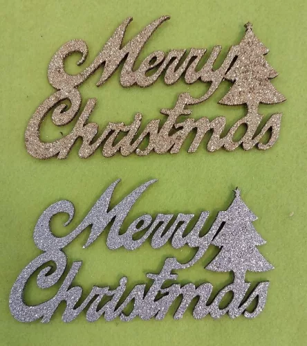 Csillámos ,fa alapú HDF(nem tömörfa)     Merry christmas fenyővel 	2db/csomag	15x8cm  