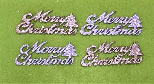 Csillámos ,fa alapú HDF(nem tömörfa)     Merry christmas fenyővel 	4db/csomag	9,5x3,6cm  