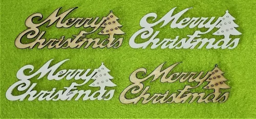Natúr és Fehér színű ,fa  alapú HDF(nem tömörfa)    Merry christmas fenyővel 4db/csomag	9,5x3,6cm  