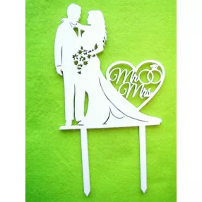   Fehér színű ,fa  alapú HDF(nem tömörfa)  beszúrós dísz  MR & MRS szemben álló pár		10,5x19cm 