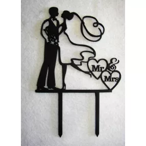    Matt Fekete színű,,nyír rétegelt lemez fa  beszúrós dísz MR & MRS Hosszú hajú lány  13x20cm 