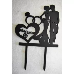    Matt Fekete színű,,nyír rétegelt lemez fa  beszúrós dísz MR & MRS Szíven gyűrűvel  	1db	13x20cm vastagság 3mm	