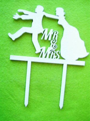 Fehér fa  beszúrós dísz MR & MRS Menekülő vŐlegény	 	13x16cm 