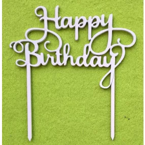   Fehér színű ,fa  alapú HDF(nem tömörfa)  beszúrós dísz Happy Birthday felirat 	1db	14x15cm 