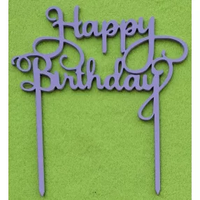   Lila színű ,fa  fa alapú HDF(nem tömörfa)   beszúrós dísz  Happy Birthday felirat 	1db	14x15cm