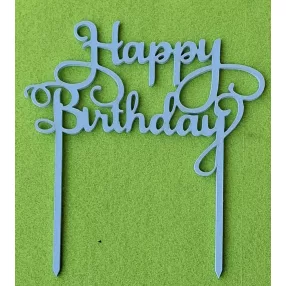   Világoskék  színű  színű  fa alapú HDF(nem tömörfa)   beszúrós dísz Happy Birthday felirat 	1db	14x15cm 