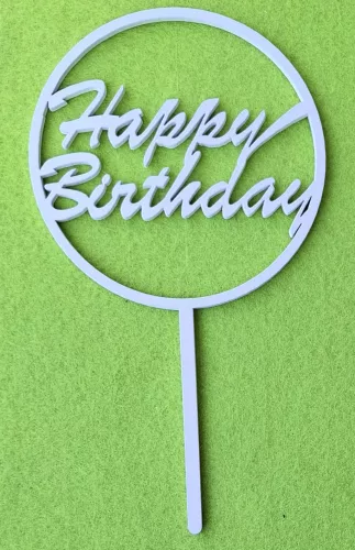 Fehér színű ,fa  alapú HDF(nem tömörfa) ,beszúrós dísz Körben,  Happy Birthday 	1db	10x18cm 