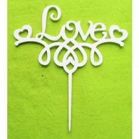   Fehér fa beszúrós dísz ,Díszített  Love   felirat 2db szívvel 	1db	17x18,5cm vastagság 3mm