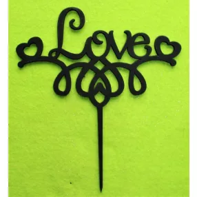   Fekete  fa beszúrós dísz  ,Díszített  Love   felirat 2db szívvel 	1db	17x18,5cm 