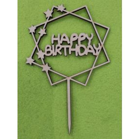   Natúr fa Beszúrós  dísz Dupla négyzetben csillagokkal Happy Birthday felirattal	1 db	11x17cm 
