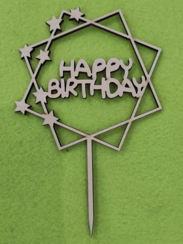 Natúr,nyír rétegelt lemez Beszúrós  dísz Dupla négyzetben csillagokkal Happy Birthday felirattal	1 db	11x17cm 