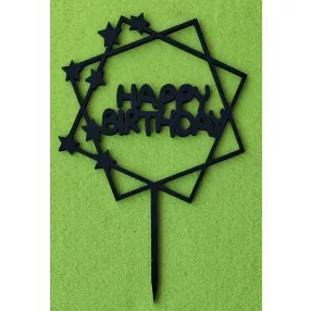   Fekete színű,nyír rétegelt lemez Beszúrós  dísz Dupla négyzetben csillagokkal Happy Birthday felirattal	1 db	11x17cm 