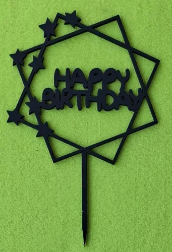 Fekete színű,nyír rétegelt lemez Beszúrós  dísz Dupla négyzetben csillagokkal Happy Birthday felirattal	1 db	11x17cm 