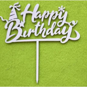   Fehér színű ,fa  alapú HDF(nem tömörfa)   beszúrós dísz  Parti sapkás   Happy Birhday 	1db	14x14cm 