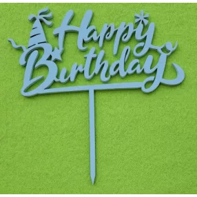   Világoskék  színű ,nyír rétegelt lemez  beszúrós dísz  Parti sapkás   Happy Birhday 	1db	14x14cm 