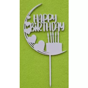   Fehér színű ,fa  alapú HDF(nem tömörfa)   beszúrós dísz  szíves    Happy Birthday 	1db	10x19cm 