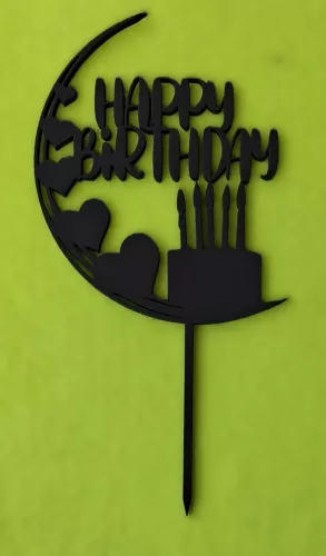 Fekete színű,nyír rétegelt lemez   beszúrós dísz szíves    Happy Birthday 	1db	10x19cm 