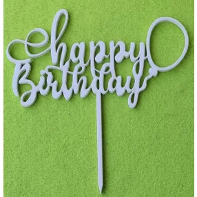   Fehér színű ,fa  alapú HDF(nem tömörfa)   beszúrós dísz   Happy Birthday  lufival 	1db	14x15cm 
