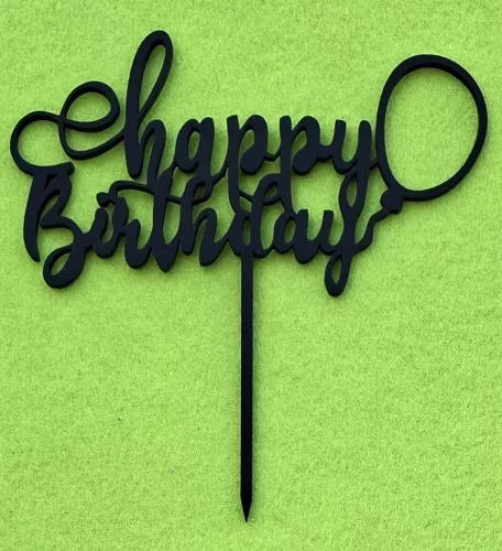  Fekete színű,nyír rétegelt lemez   beszúrós dísz  Happy Birthday  lufival 	1db	14x15cm 