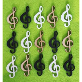 Vegyes színű fa violinkulcs 5x3cm 16db/csomag