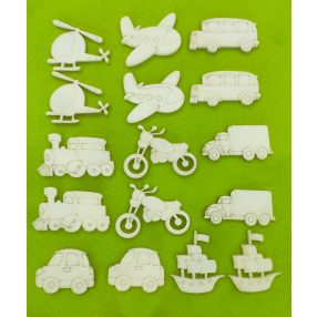    Fehér fa ballagási jármú vegyes csomag 2szett - 16db/csomag	 Teherautó 3x6, autó 3,5x4,5, busz 3x6, vonat6x3,5, repülő, helikopter 5x4, hajó 5x4,5x4,5, motor 6x4,5 cm 