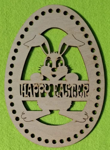 15x21cm Natúr,nyír rétegelt lemez horgolható Tojás Nyuszi Happy Easter táblával  6mm lyukkal	1db	