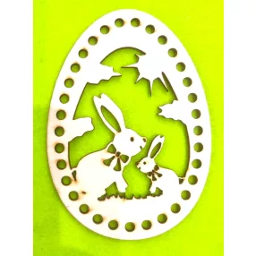   11x15cm  Natúr,nyír rétegelt lemez horgolható Tojás Kettő  nyuszi  a mezőn   6mm lyukkal	1db	