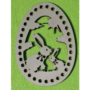   11x15cm  Natúr,nyír rétegelt lemez horgolható Tojás Kettő  nyuszi  a mezőn   6mm lyukkal	1db	