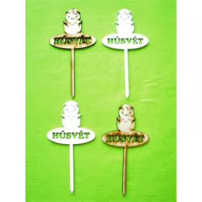   Natúr és fehér fa Beszúrós csibe „ Húsvét” felirattal	4db/csomag	8x15,5cm 