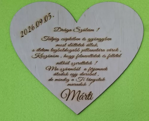 Natúr  Szülő  köszöntő  Menyasszonytól 	1db	20x17cm vastagság 3mm