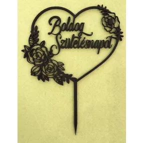    Fekete színű,nyír rétegelt lemez Beszúrós szív rózsákkal Boldog születésnapot  felirattal 	1 db	12x16cm 