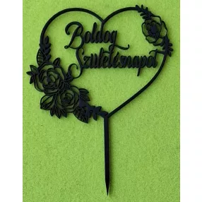    Fekete színű,nyír rétegelt lemez Beszúrós szív rózsákkal Boldog születésnapot  felirattal 	1 db	12x16cm 