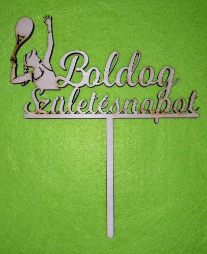 Natúr,nyír rétegelt lemez Tenisz lány  beszúrós dísz Boldog születésnapot felirattal 	1db	18x15cm  