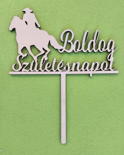 Natúr,nyír rétegelt lemez Lovas fiú  beszúrós dísz Boldog születésnapot felirattal 	1db	15x18,5cm  
