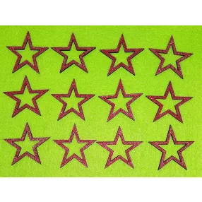    Piros csillámo,fa alapú HDF(nem tömörfa)   Lyukas csillag	12db/csomag	5x5cm 